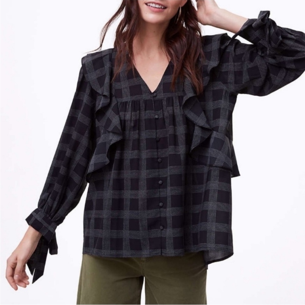 LOFT Plaid Ruffle Tie Cuff Blouse - M